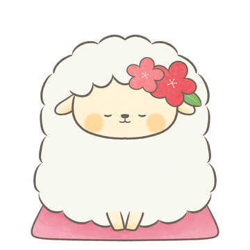 頭に髪飾りをつけておじぎをしている羊