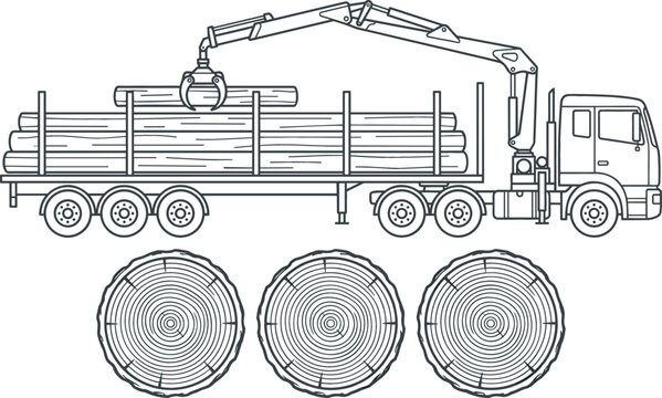 Logging truck loading timber wood logs vector illustration featuring industrial forestry vehicle crane arm and textured tree trunk rings