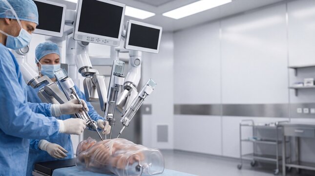 Surgeons in blue scrubs and masks performing robotic surgery with advanced laparoscopic robot arms in a sterile modern operating room