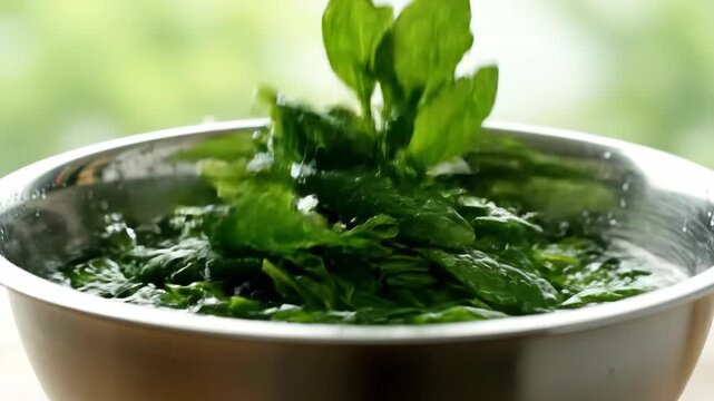Fresh spinach leaves being rinsed in a metal bowl with water while preparing healthy food