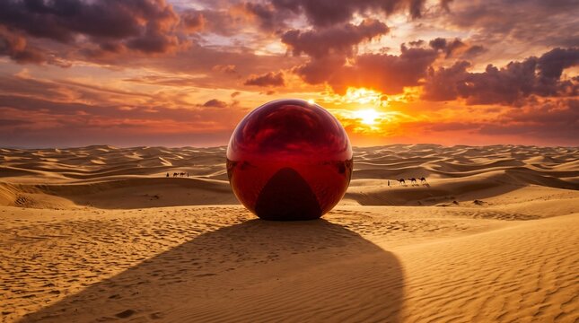 Large reflective red sphere in a desert landscape at sunset with camel caravan, perfect for website hero header, cinematic presentation, and creative advertising design