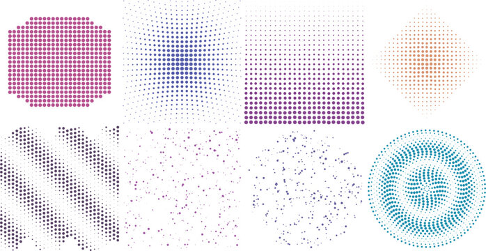 Collection of various geometric halftone patterns and dot arrangements in multiple colors