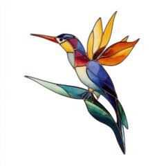 Fototapeta premium Vibrant Stained Glass Style Hummingbird Illustration With Colorful Wings On White Background