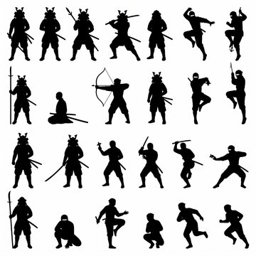 Large collection of black Japanese samurai and ninja warrior silhouettes standing, fighting, and posing with traditional weapons like katanas and bows, isolated on a white background for design.