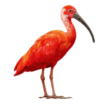 Vibrant Scarlet Ibis Standing Isolated On White Background With High Detail Feathers And Long Beak