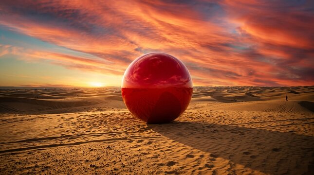 Glossy red sphere in a vast desert landscape at sunset, surreal conceptual digital art perfect for presentation, website hero header, and creative marketing campaigns