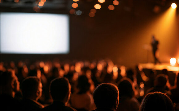 Blurred presentation screen and audience in dim theater with warm stage lighting, creating atmospheric conference scene viewed from behind seated crowd