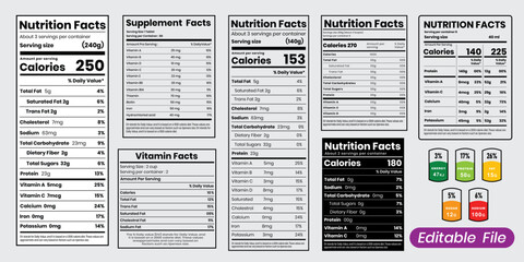 Fototapeta premium Nutrition label, nutrition facts template, Detailed nutrition facts and supplement facts information tables for product packaging and healthy lifestyle vector