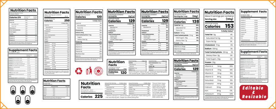 Nutrition label, nutrition facts and supplement labels collection vector format for food information panel Vector templates. US FDA Standard. Food packaging.