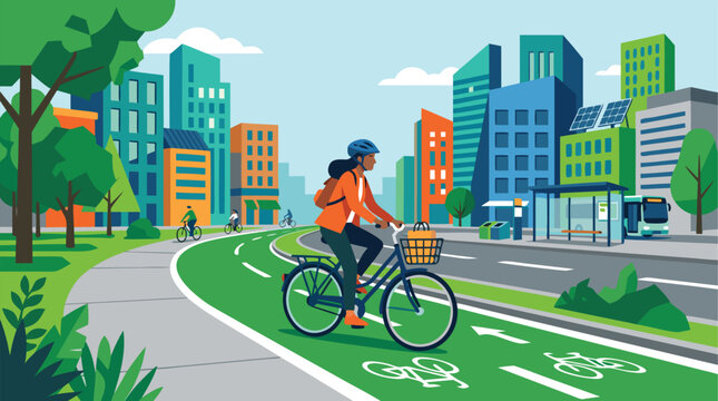 A colorful vector illustration of a person riding a bicycle on a modern urban bike lane, capturing a sustainable city travel scene.