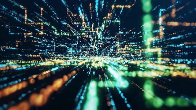 Abstract data flow branching lines on dark blue background with glowing cyan, green, and orange data particles. Technology concept for AI pipeline, bigdata streaming, neural network, and digital