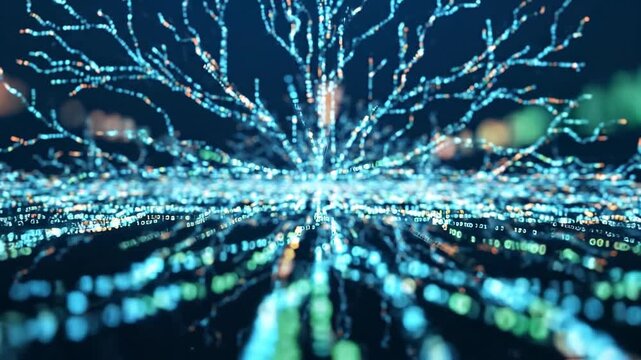 Abstract data flow branching lines on dark blue background with glowing cyan, green, and orange data particles. Technology concept for AI pipeline, bigdata streaming, neural network, and digital