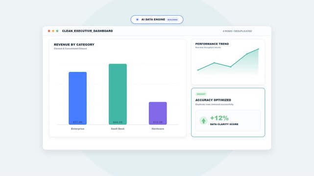 Flat minimalist 3D-styled illustration of an AI module scanning raw spreadsheet data, detecting and removing duplicate rows, consolidating cells, and transforming them into a clean analytics dashboard