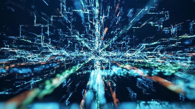 Abstract data flow branching lines on dark blue background with glowing cyan, green, and orange data particles. Technology concept for AI pipeline, bigdata streaming, neural network, and digital
