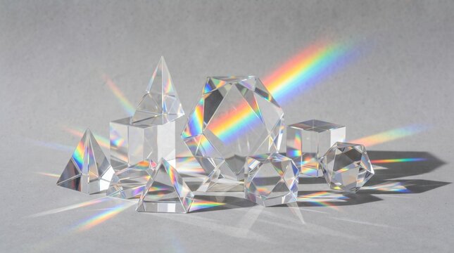 Transparent Glass Prisms Dispersing Light Spectrum and Rainbow Rays on Gray Background