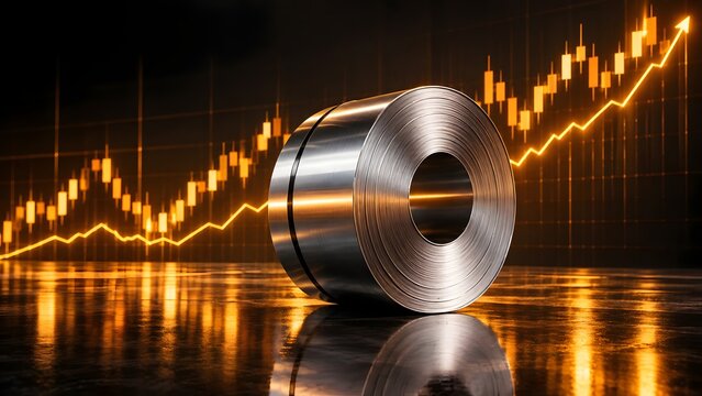 Steel coil roll with glowing orange candlestick stock market chart representing industrial commodity trading and manufacturing growth