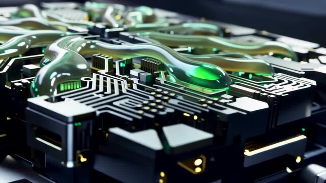 Futuristic computer circuit board with organic metallic pathways and glowing green lights, macro closeup of advanced electronic technology and artificial intelligence hardware