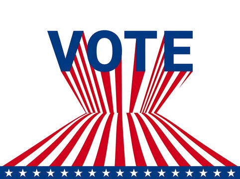 Vote text graphic with red and white stripes and blue stars on white background