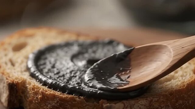 Black Sesame Paste Spread on Rustic Bread Slice with Wooden Spoon