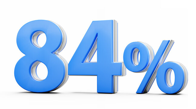 Vibrant Blue 84% Eighty Four Percent Sign With Metallic Gleam On White Background 3D Illustration