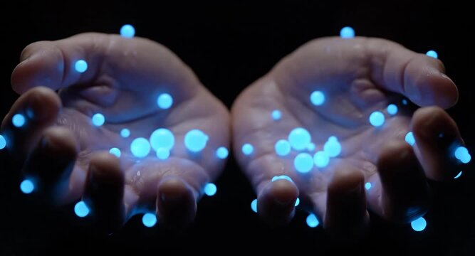 Hands holding and surrounded by glowing blue orbs, symbolizing data or energy.