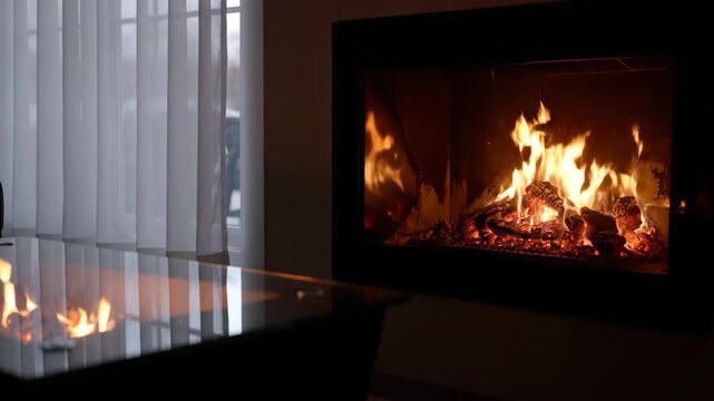 A warm fireplace glows with flames while reflected in a glossy surface next to sheer curtains suggesting a cozy indoor setting