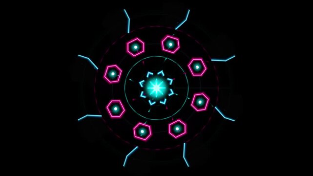 Neon blue and pink glowing geometric shapes rotating in dark space