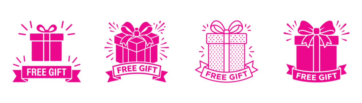 Purple free gift box icon badges with ribbons isolated on white background for promotional designs.
