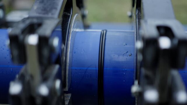 Connecting blue plastic pipes edges with butt welding machine outdoors closeup. Using fusion and heating to fasten pipeline parts
