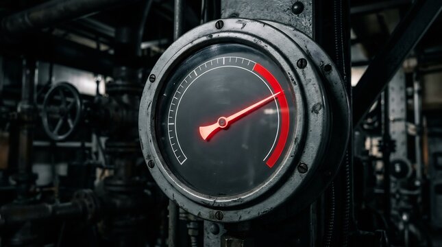 old industrial pressure gauge with red pointer at critical level
