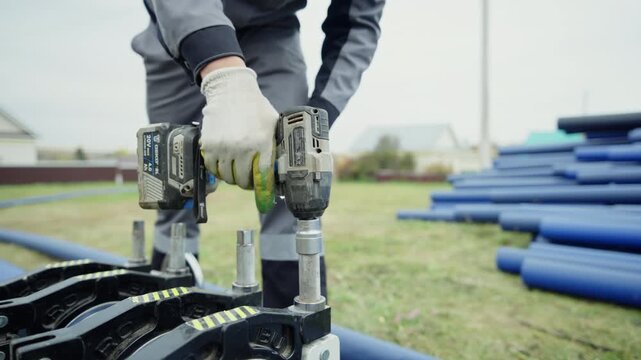Worker fastens butt welding machine arches with screwdriver outdoors closeup. Builder maintains equipment before work at construction site