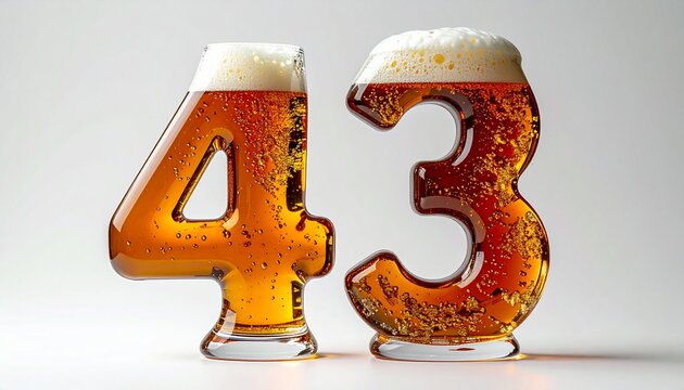 Beer Glass Shaped as Number 43 with Foam and Bubbles on White Background for Birthday and Anniversary Celebration