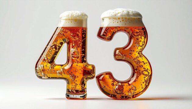 Beer Glass Shaped as Number 43 with Foam and Bubbles on White Background for Birthday and Anniversary Celebration