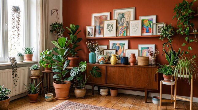 Maximalist living room with rust walls, gallery wall and plants