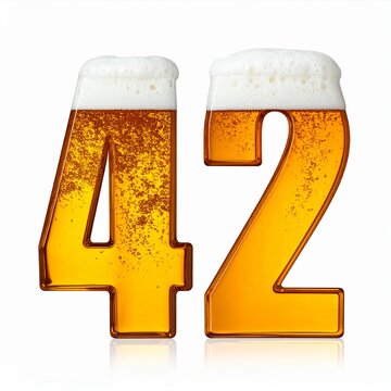 Beer Glass Shaped as Number 42 with Foam and Bubbles on White Background for Birthday and Anniversary Celebration