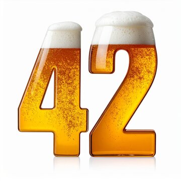 Beer Glass Shaped as Number 42 with Foam and Bubbles on White Background for Birthday and Anniversary Celebration