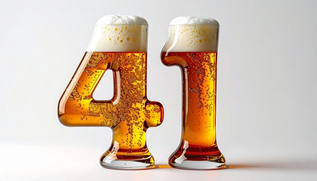 Beer Glass Shaped as Number 41 with Foam and Bubbles on White Background for Birthday and Anniversary Celebration