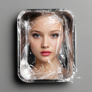 Woman face trapped in plastic shrink wrap packaging