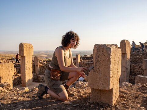 A young female archaeologist examining ancient stone pillars at the Gobekli Tepe excavation site.