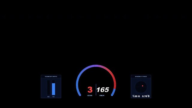 Professional esports-style motorsport telemetry HUD overlay in a deep blue and aggressive red color palette. Features pure time-based physics simulation perfect for 60 FPS headless rendering