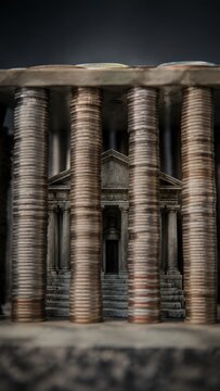 Stacked coins arranged in vertical columns with a blurred architectural structure resembling a bank or government building in the background, symbolizing corruption and financial issues