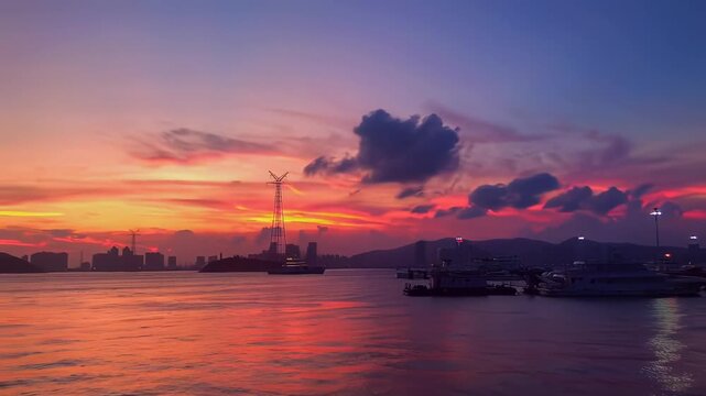 Sunset over Victoria Harbour in Hong Kong with City Skyline and Docked Boats