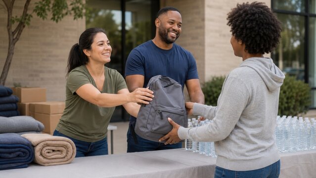 Two volunteers hand over a disaster preparedness kit to a woman at an outdoor community event, with blankets and water bottles visible on the table