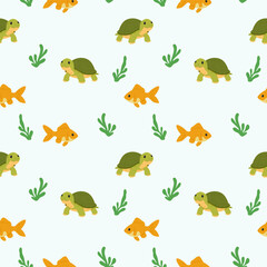 Obraz premium Cute Turtle and Goldfish Seamless Pattern with Aquatic Plants