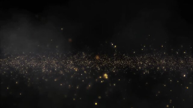 Golden Sparkle Particles Floating with Smoke Haze on Dark Background