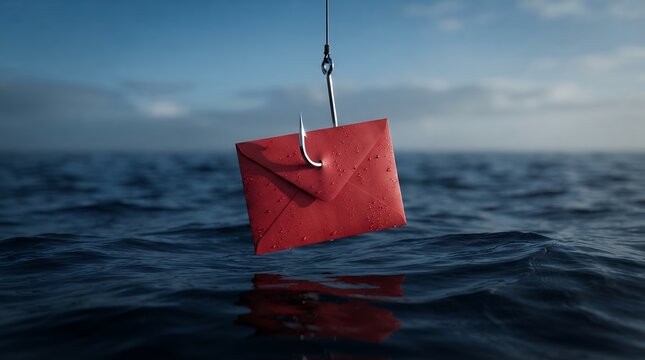 Phishing scam concept with red envelope on fishing hook, cyber security threat over ocean water, digital fraud and email bait metaphor