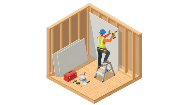 Isometric construction worker installing drywall panels inside wooden frame room