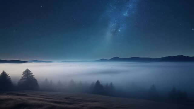 Night Foggy Landscape with Forest and Starry Sky