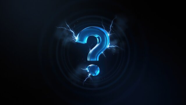 Glowing blue question mark symbol surrounded by electric lightning bolts isolated on a dark circular background