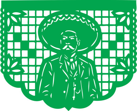 Green papel picado banner with a traditional Mexican man wearing a sombrero hat silhouette cutout pattern on a white background.